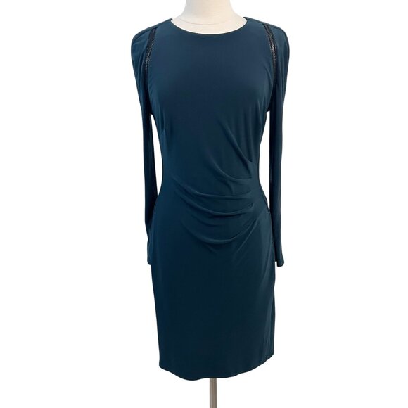 LAUREN RALPH LAUREN Jonni Faux Leather Trim Gathered Sheath Dress Size 12 - Picture 1 of 12